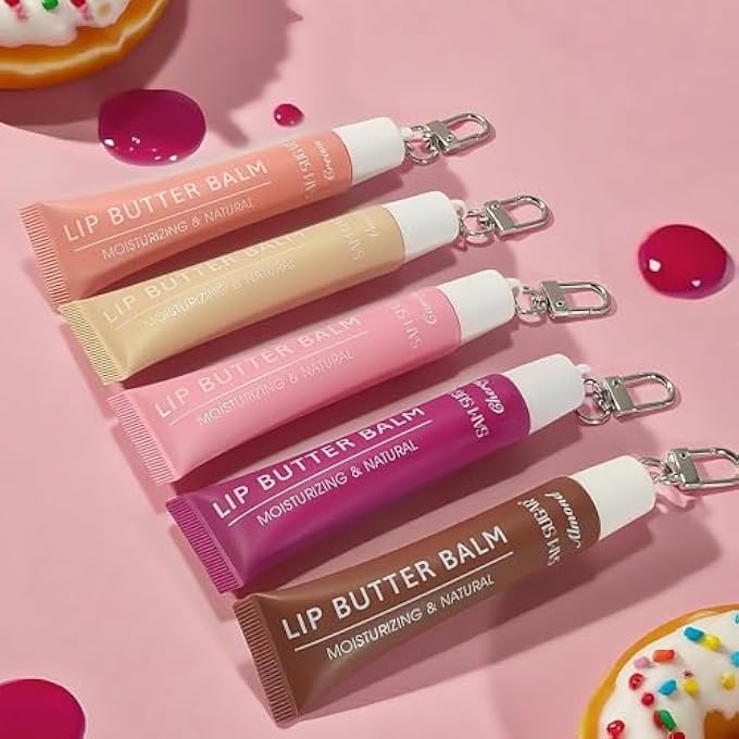SAM SUGAR 5PCS LIP BALM WITH KEYCHAIN HYDRATING TINTED LIP GLOSS, MOISTURIZING LIP BUTTER BALM WITH NATURAL SHINE, NON-STICKY LIP CARE FOR DRY LIPS - Image 2